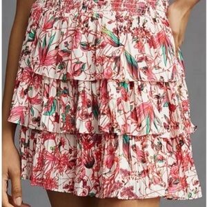 Anthropologie tiered mini skirt floral red pink off white size small feminine